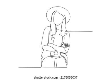 Continuous one line drawing young woman with hat standing with photo camera. World tourism day concept. Single line draw design vector graphic illustration. - Shutterstock ID 2178058037