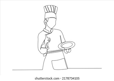 Continuous one line drawing young happy woman chef giving thumbs up gesture. Modern woman concept. Single line draw design vector graphic illustration.