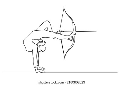 Continuous one line drawing of young energetic gymnast pulling the bow to shooting an archery target. A professional archer female focus to hit target hand drawn with minimalist design.