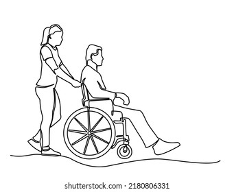 Continuous one line drawing young woman pushing wheelchair and old man  Helping elderly  disable people   sick people  Vector illustration  Volunteer pushing wheelchair and disabled old man  