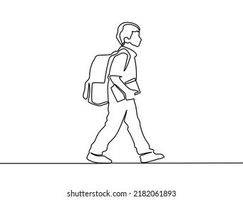 Continuous one line drawing. Young man walking on street with backpack. Student college with bag. Vector illustration. One continuous line of a student walking with backpack to school.