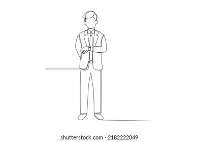 Continuous one line drawing young business man looking at wrist watch  Late concept  Single line draw design vector graphic illustration 