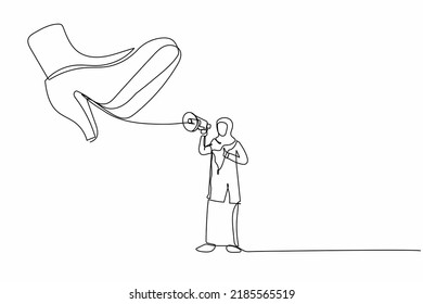 Continuous one line drawing young Arabian businesswoman protest with megaphone under giant shoe. Female manager under tyranny, dictatorship concept. Single line draw design vector graphic illustration