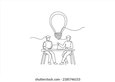 Una línea contínua que dibuja al joven empresario y a su amigo discutiendo y obteniendo ideas con una bombilla. Concepto de capacitación y taller. Ilustración gráfica vectorial de diseño de líneas simples.