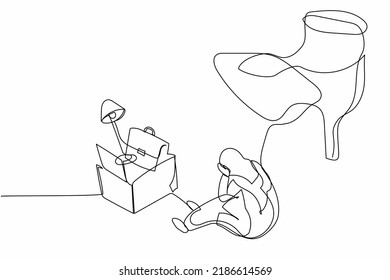 Continuous one line drawing young Arab businesswoman sitting on floor near office supplies under big foot stomp. Jobless, worker reduction metaphor. Single line draw design vector graphic illustration