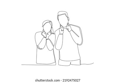 Continuous one line drawing young couple wearing casual clothes, fingers pointing and forcing cheerful smile. World smile day concept. Single line draw design vector graphic illustration.