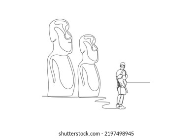 Continuous one line drawing young businessman travel to Moai on Easter Island in Chile. Landmark concept.  Single line draw design vector graphic illustration.