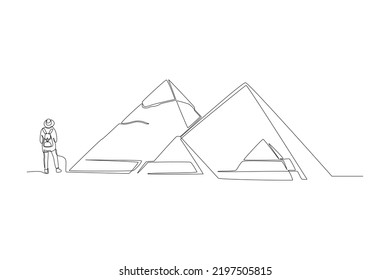 Continuous one line drawing young tourist travel to pyramid in Egypt. Landmark concept.  Single line draw design vector graphic illustration.