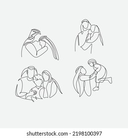 Continuous one line drawing of young Arabian family. Happy Islamic muslim parenting family concept. Single line graphic draw design vector illustration