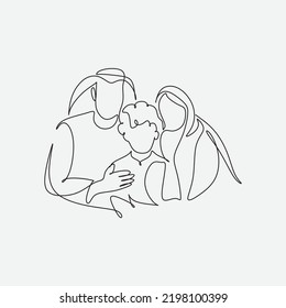 Continuous one line drawing of young Arabian family. Happy Islamic muslim parenting family concept. Single line graphic draw design vector illustration