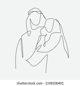 Continuous one line drawing of young Arabian family. Happy Islamic muslim parenting family concept. Single line graphic draw design vector illustration