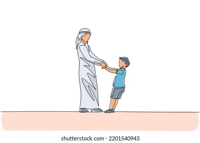 Continuous one line drawing of young Arabian dad and son fun playing together at home. Happy Islamic muslim parenting family concept. Dynamic single line graphic draw design vector illustration