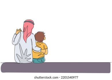 Continuous one line drawing of young Arabian dad and his son talking and sitting together. Happy Islamic muslim parenting family concept. Dynamic single line graphic draw design vector illustration