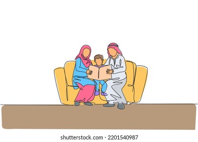 Continuous one line drawing of young Arabian parent sitting on sofa with their boy, reading a book. Happy Islamic muslim parenting family concept. Single line graphic draw design vector illustration