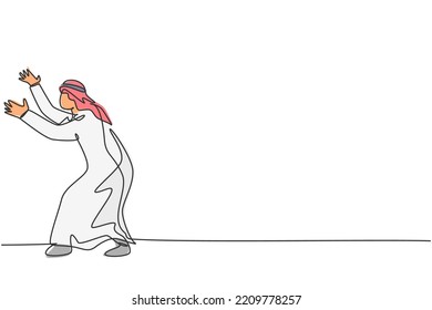 Continuous one line drawing of young Arab businessman pose holding gesture, protection from business threat. Hard worker minimalist concept. Trendy single line draw design vector graphic illustration