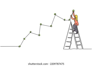 Continuous one line drawing young female Arabic worker climb ladder up to draw sales line graph growth report. Success manager minimalist concept. Single line draw design vector graphic illustration
