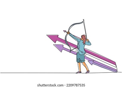 Continuous one line drawing of young female entrepreneur take an arrow bow to hit target goal. Success business strategy minimalist concept. Trendy single line draw design vector graphic illustration