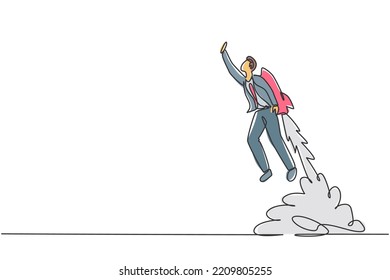 Dibujo continuo de una línea de un joven y apuesto trabajador volando alto usando una máquina de jetpack. Exitoso concepto minimalista de business manager. Ilustración gráfica del vector de diseño de líneas simples de moda