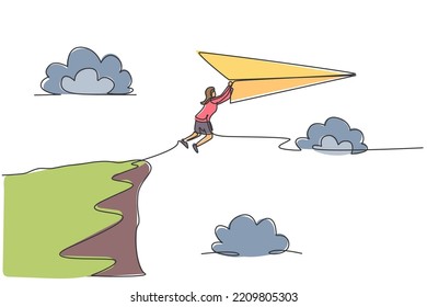 Continuous one line drawing young female worker jump to flying paper plane from top cliff. Success business manager. Metaphor minimalist concept. Single line draw design vector graphic illustration