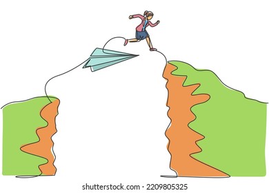 Continuous one line drawing young female worker jumping from paper plane across the mountain. Success business manager. Metaphor minimalist concept. Single line draw design vector graphic illustration