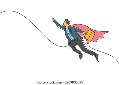Continuous one line drawing of young handsome male worker fly using superhero wing. Success skyrocketed business manager minimalist concept. Trendy single line draw design vector graphic illustration