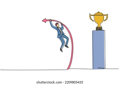 Continuous one line drawing young handsome male worker jumping using pole vault to reach trophy. Success business manager minimalist concept. Trendy single line draw design vector graphic illustration