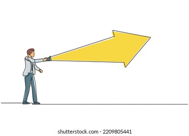 Continuous one line drawing of young handsome male worker flashlight forward to light the way. Success business manager minimalist concept. Trendy single line draw design vector graphic illustration