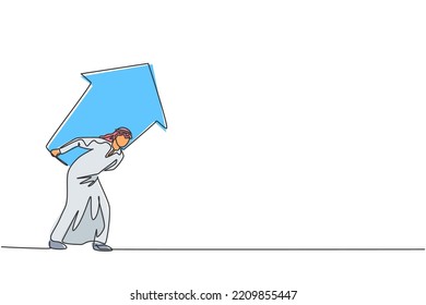 Continuous one line drawing of young Arabic handsome male worker shouldered up arrow symbol. Business hard work metaphor minimalist concept. Trendy single line draw design vector graphic illustration