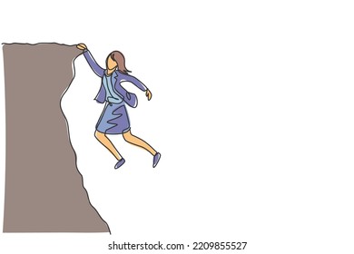 Continuous one line drawing young female worker struggling   holding edge cliff  Success business challenge minimalist concept  Trendy single line draw design vector graphic illustration
