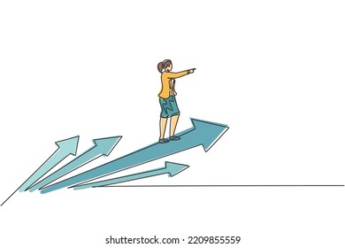 Continuous one line drawing of young female worker riding on forward arrows symbol. Success business manager minimalist metaphor concept. Trendy single line draw design vector graphic illustration