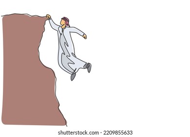 Continuous one line drawing of young handsome Arab male worker hanging tight on cliff edge. Success business struggle, metaphor minimalist concept. Single line draw design vector graphic illustration