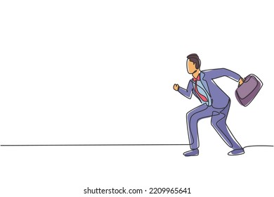 Continuous one line drawing of young male worker ready to sprint to win business competition race. Business metaphor. Minimalist concept. Trendy single line draw design vector graphic illustration