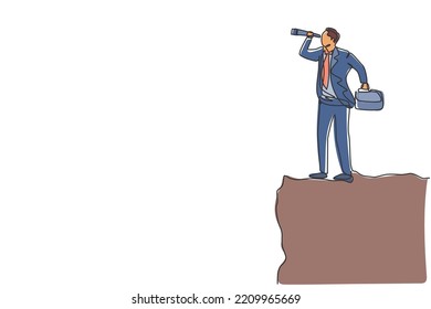 Continuous one line drawing young male worker analyze market situation from top of the mount. Success business manager. Minimalist concept. Trendy single line draw design vector graphic illustration