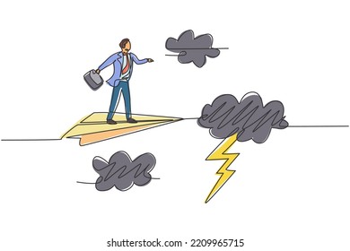 Continuous one line drawing young male worker flying with paper airplane through heavy thunderstorm. Business obstacle metaphor. Minimalist concept. Single line draw design vector graphic illustration