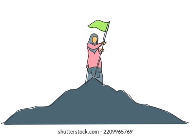 Continuous one line drawing young Arabic female worker planted success flag on the top of mountain. Business manager minimalist concept. Trendy single line draw design vector graphic illustration