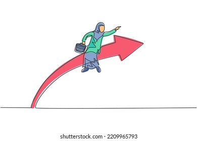 Continuous one line drawing of young Arabic female worker sitting on arrow symbol and flying. Success business manager minimalist concept. Trendy single line draw design vector graphic illustration