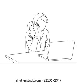 Continuous one line drawing of young female employee holding smartphone and reading business report on laptop. Business concept continuous line draw design vector illustration