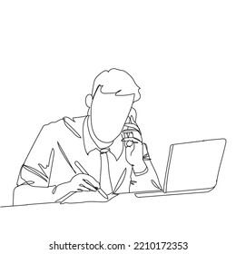 Continuous one line drawing of young serious man worker sitting pensively while watching laptop screen at work desk. Business analyze concept. Hand drawn with single line vector illustration