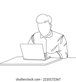 Continuous one line drawing of young serious man worker sitting pensively while watching laptop screen at work desk. Business analyze concept. Hand drawn with single line vector illustration