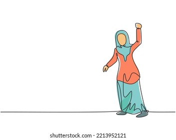 Continuous one line drawing young Arab female worker standing and pose ready to fight. Success business manager. Minimalist metaphor concept. Single line draw design vector graphic illustration