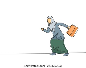 Una línea contínua dibujando a una joven trabajadora árabe posando lista para hacer gestos. Carrera de competición empresarial. Concepto de metáfora minimalista. ilustración vectorial de diseño de línea única