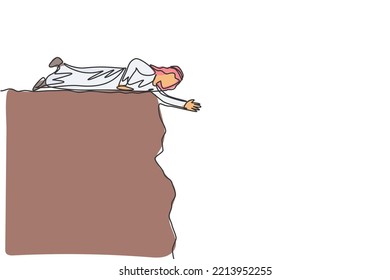 Continuous one line drawing of young Arab male worker lay down on cliff to help his colleague. Success business manager minimalist metaphor concept. Single line draw design vector graphic illustration