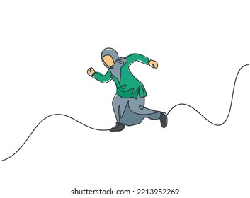 Continuous one line drawing young Arab female worker jumping high to the sky. Success business manager. Minimalist metaphor concept. Single line draw design vector graphic illustration