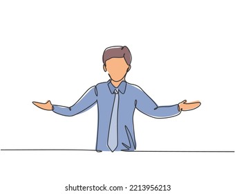 Continuous one line drawing young male worker stretched out his arms. Business presentation to find out solution minimalist concept. Single line draw design vector graphic illustration
