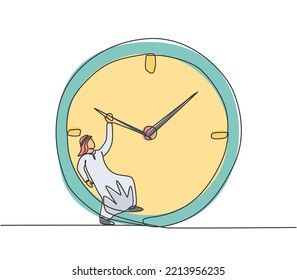 Continuous one line drawing young Arab male worker hanging on clockwise of giant analog clock. Business time discipline metaphor concept. Single line draw design vector graphic illustration.