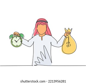 Kontinuierlich eine Linie zeichnen junge arabische Arbeiter, die Geld-Tasche und Wecker mit seinen Händen. Minimalismus Metapher Business Deadline Konzept. Einzeilige Zeichnung, Vektorgrafik.
