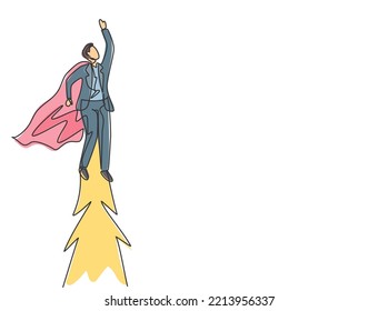Continuous one line drawing young male worker flying high into the sky to reach big goals. Big vision of business target minimalist concept. Single line draw design vector graphic illustration