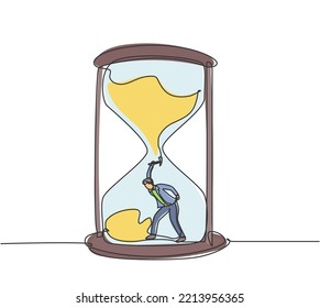 Una línea contínua dibujando a los jóvenes trabajadores cavando un tesoro dentro de un reloj de arena. Obteniendo un nuevo concepto minimalista de idea de negocio. ilustración vectorial de diseño de línea única