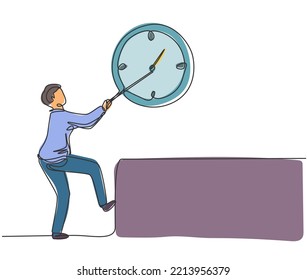 Continuous one line drawing young male worker pulling clockwise big analog clock on the wall. Time management business minimalist concept. Single line draw design vector graphic illustration