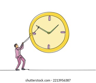 Continuous one line drawing young male worker pulling clockwise of big analog wall clock with rope. Time management business minimalist concept. Single line draw design vector graphic illustration